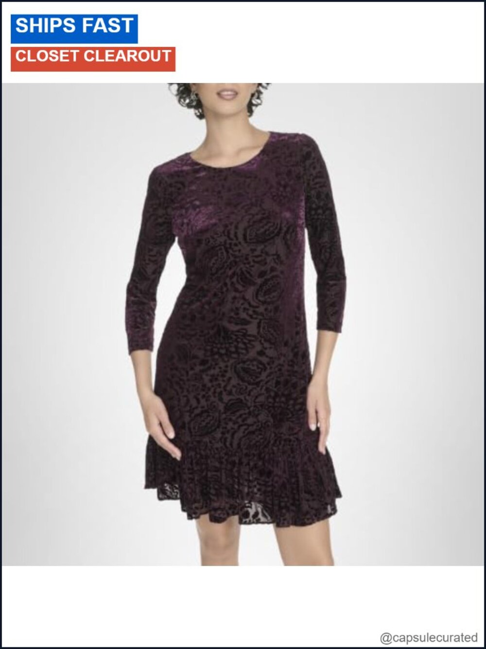 Velvet Burnout Shift Dress with 3/4 Sleeves and Ruffle Hem